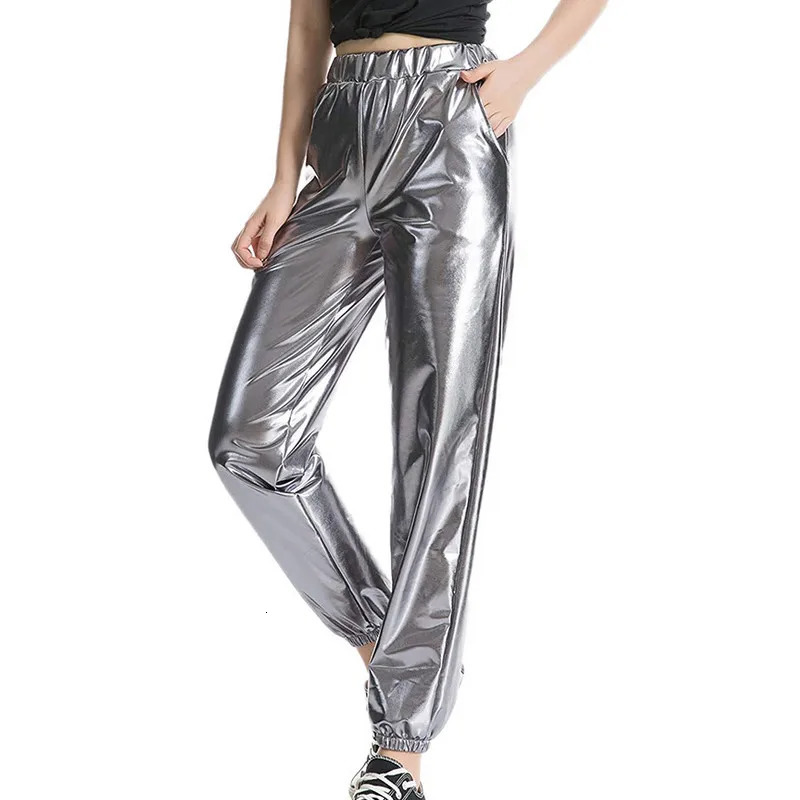 Womens Shiny Metallic Jogger Pants High Waist Stretchy Holographic Color Hip Hop Trousers 241212