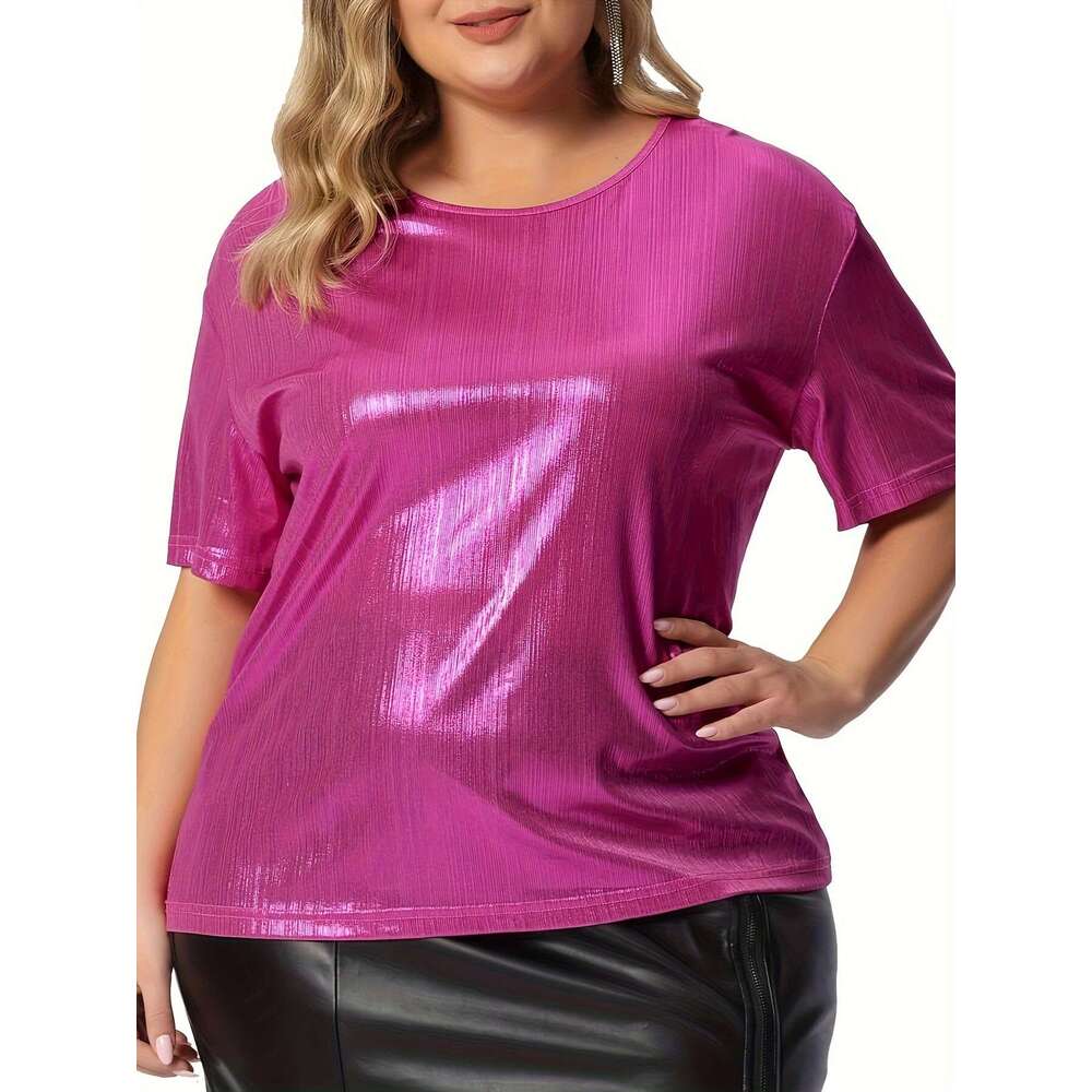 European and American summer loose fit plus round neck solid color gold powder short sleeved T-shirt 2024 temperament versatile new trend clothing ins