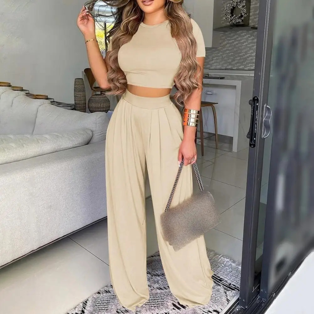 Summer elegant womens twopiece fashionable Oneck ultrathin top and wide leg pants set suitable for casual floral print outfits 241212