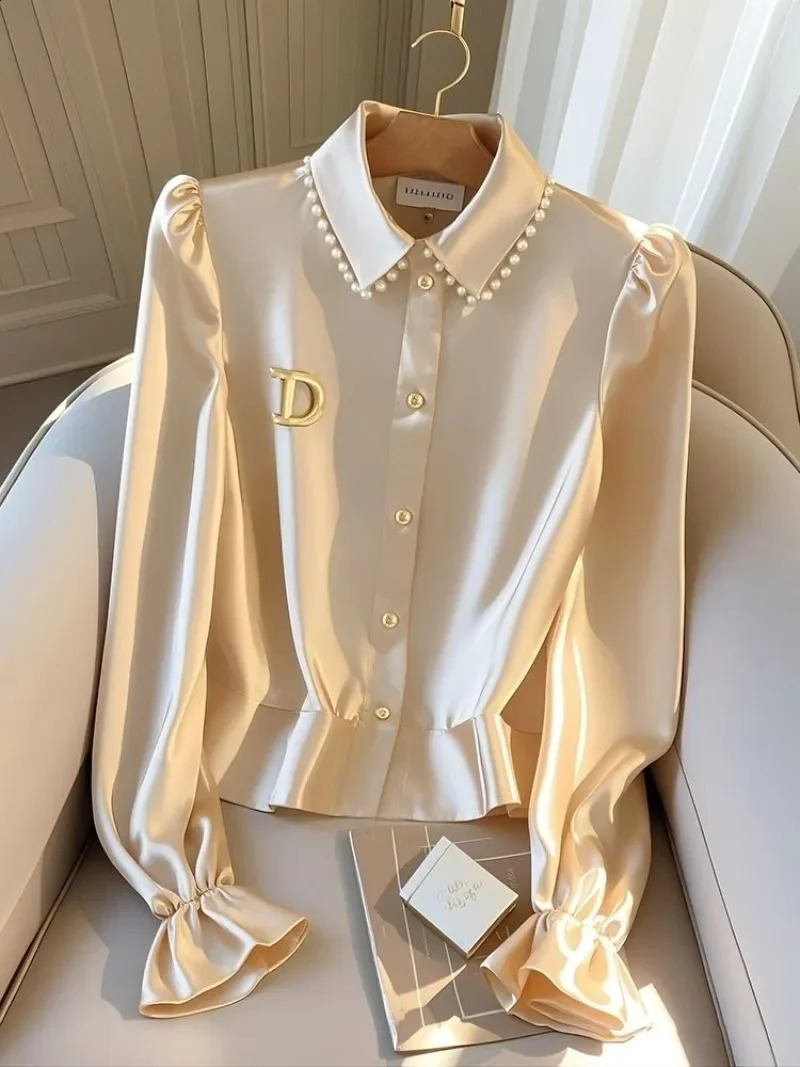 Satin Casual Womens Blouses Spring/Summer Solid Korean Shirts Slim Fit Long Sleeves Top Women Clothing Sales 241213