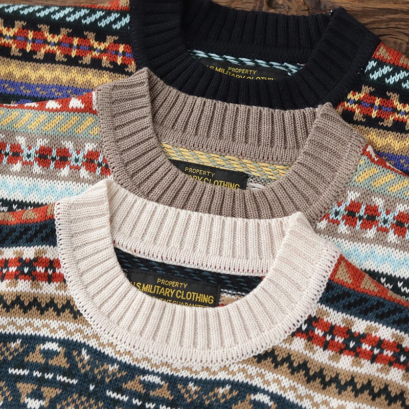 Autumn And Winter British Vintage Jacquard Fair Isle Mens Pullover Oneck Long Sleeve Sweater Loose Fashion Casual Knitwear 241216