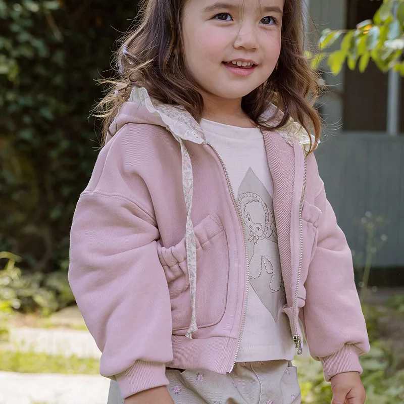 MILANCEL Spring Autumn Childrens Jacket 2-8 Y Girls Cute Hoodie Coat Kids Lace Floral Hooded Outwear Girls Zipper SweatshirtXJ241214