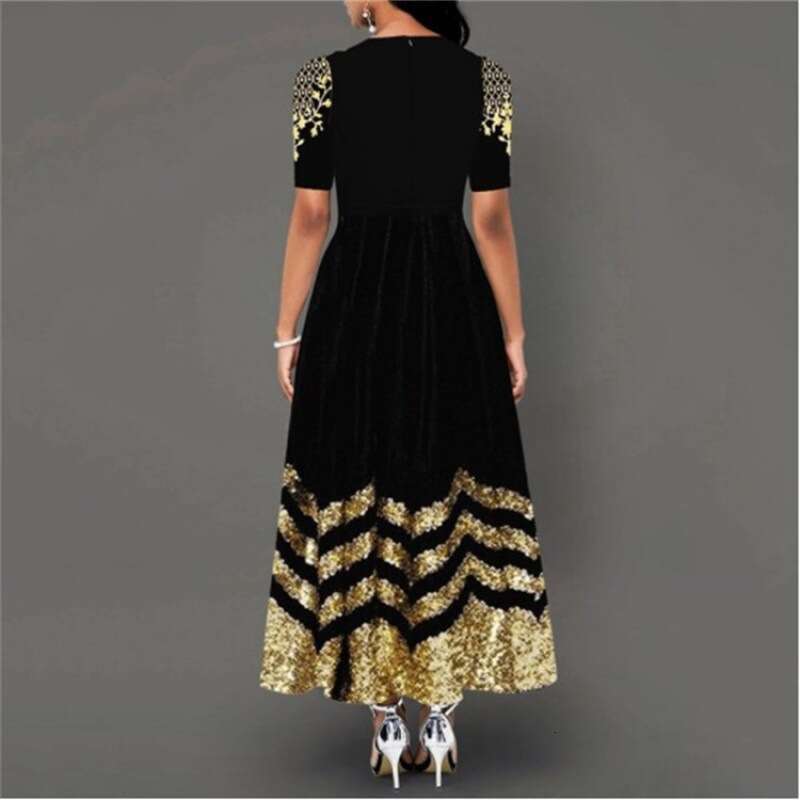 European and American mid sleeve printed African long skirt round neck elegant retro women 2024 new casual versatile fashion clothing