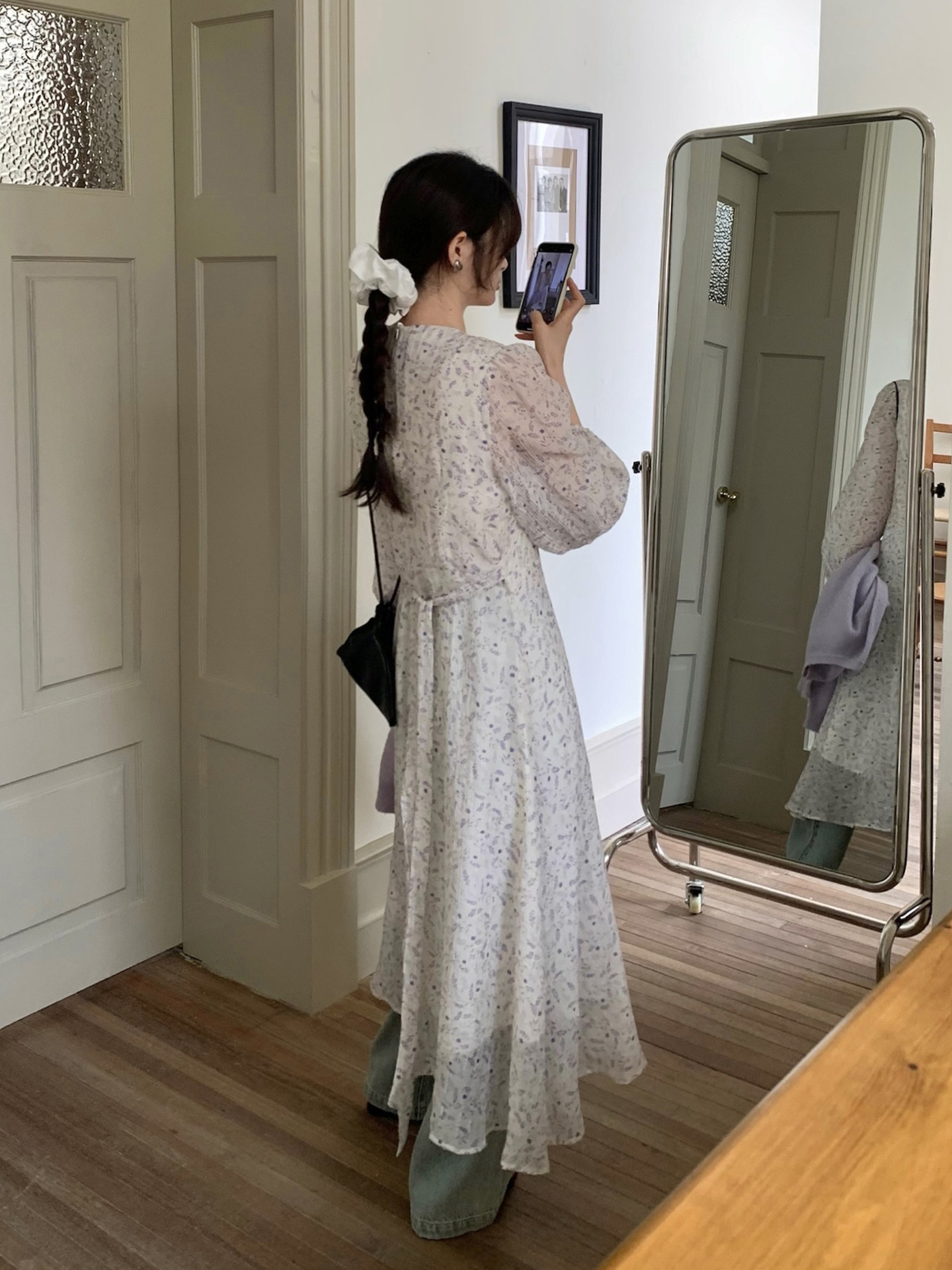 K223 All-match sweet floral dress for women, new spring style, elegant V-neck, long sleeves, slimming long dress