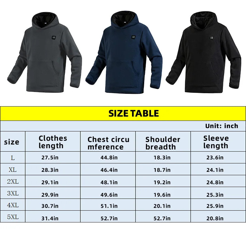 portable charging hoodie unisex USB 5V/2V pull-out custom hoodie winter sports shirt temperature controlled warm top 241214