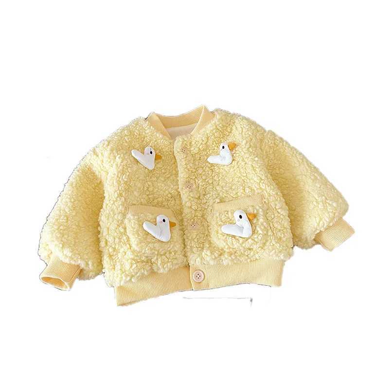 2024 Autumn Winter Children Girls Velvet Coat Little Duck Patched Hairy Fleece Baby Girls Jacket Solid Warm Kids Girl OuterwearsXJ241214