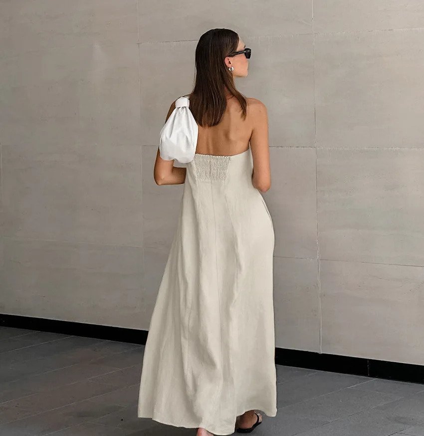 Womens Elegant Strapless Cotton Linen Maxi Dress Backless Sleeveless Pockets Dresses Summer Lady Chic Holiday Robe Beachwear 241216