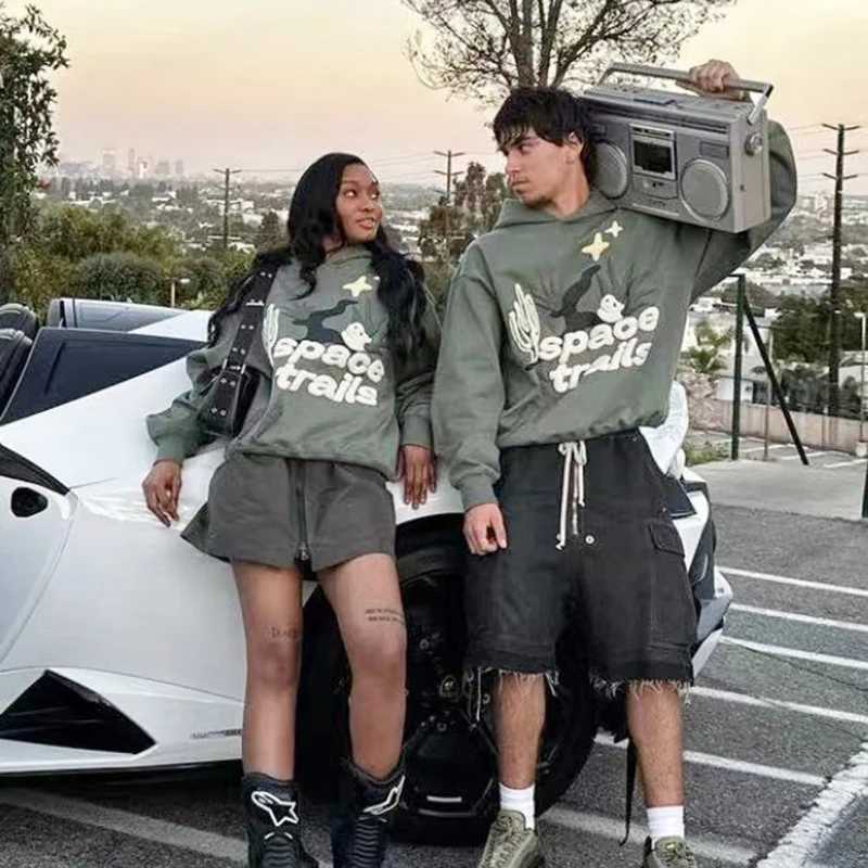 Y2K Strtwear Heart Space Trails Foam Hooded Hoodies Unisex Pullover Loose Casual Flce Sweatshirts for Men Oversized X241216