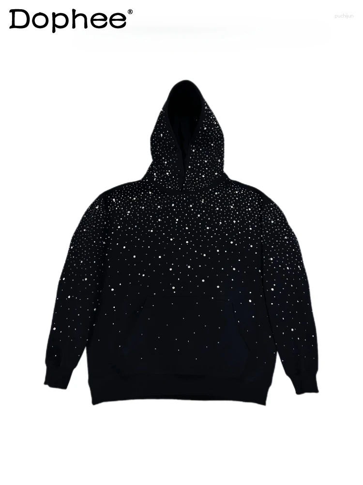 Men's Hoodies Women's Same 2024 Autumn Winter Diamond Beads Hooded Sweatshirts Crew Neck Long Sleeve Trendy Sweatshirt