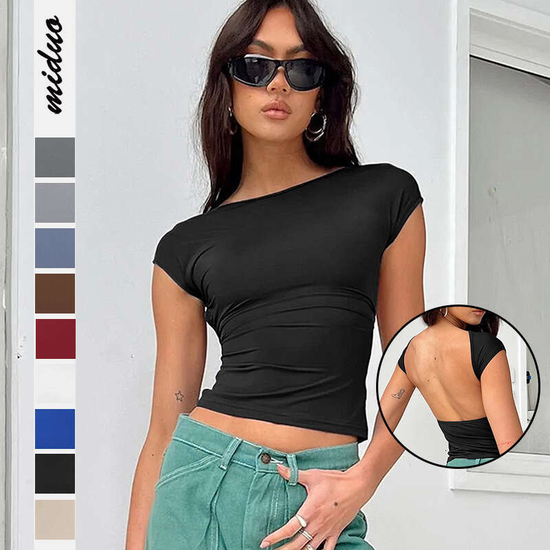 European And Ameran Fashion Summer Sexy Backless Nylon Moisture Wking Comfortable Breathable Short Sleeved Slim Fit BM Top T-Shirt Fashionable Quality