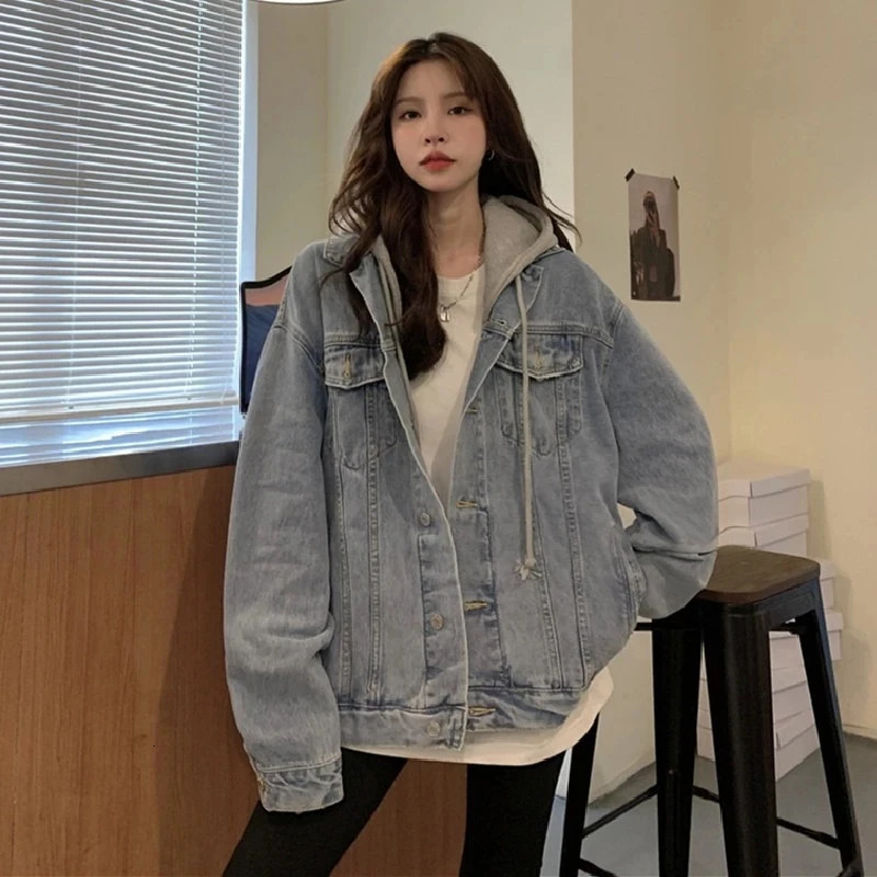 2025 Hooded Denim Jacket Womens Full Sleeve Splicing Loose Jeans 241211