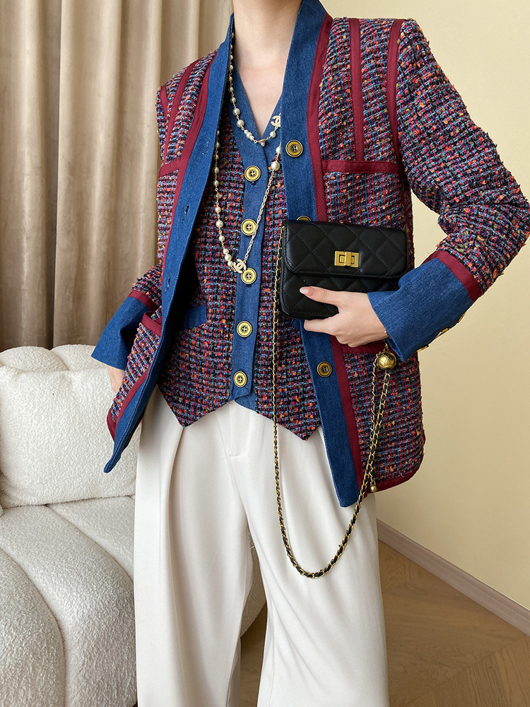 Vintage Women's Tweed V-Neck Loose All Match Jacket Vest Elegant Two-Piece Set Spring Autumn 3A9936