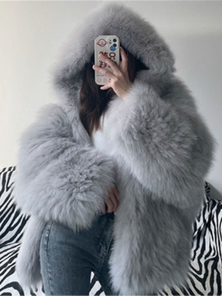 Temperament Hooded Batwing Sleeve Warm Faux Fur Coats For Women Casual Thick Female Jacket Autumn Winter New 23A4612