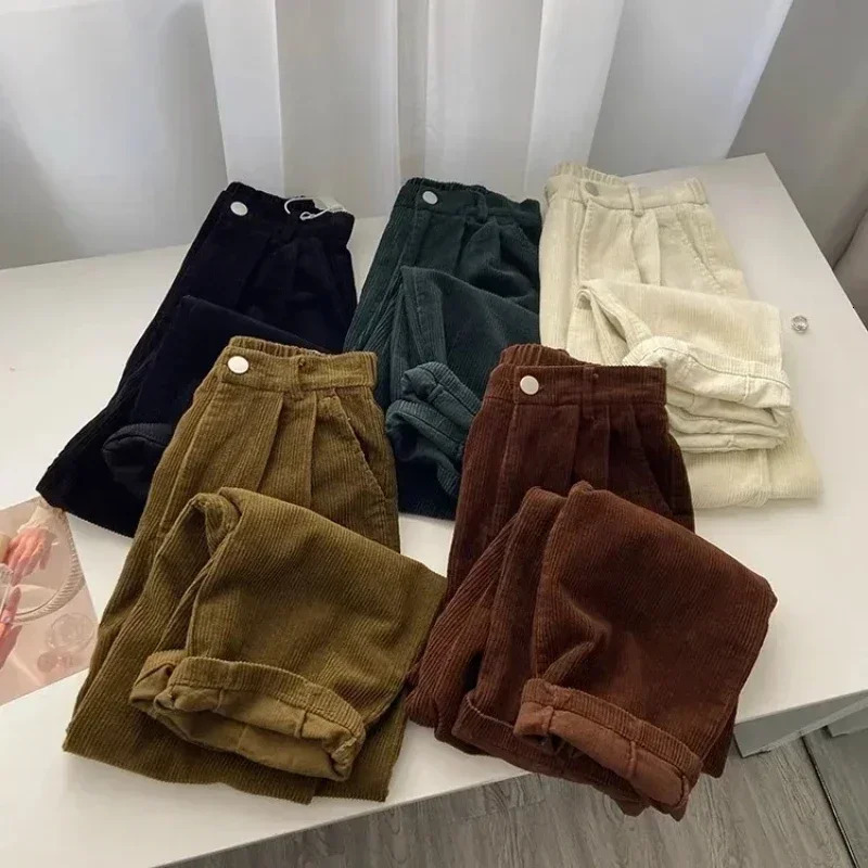 Retro High Waist Corduroy Pant Spring Fall Straight Causal Full Length Trousers Korean Fashion Baggy All Match Black Pants 241212