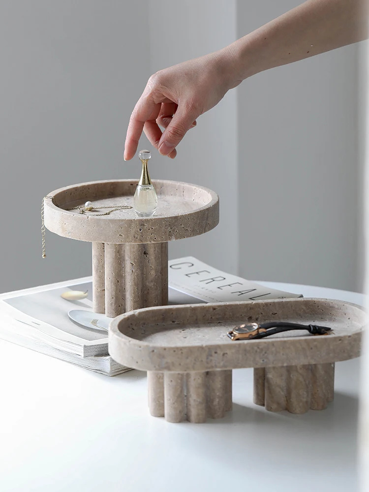 Marble Serving Tray with Legs Decorative Travertine Dish for Coffee Table Decor Stone Vanity Tray for Perfume Candles 241214
