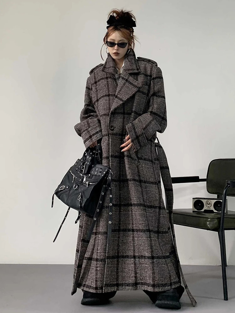 Yermora brown striped plain thick wool coat womens lapel long sleeved retro jacket fashion trend autumn 2024 item 241209