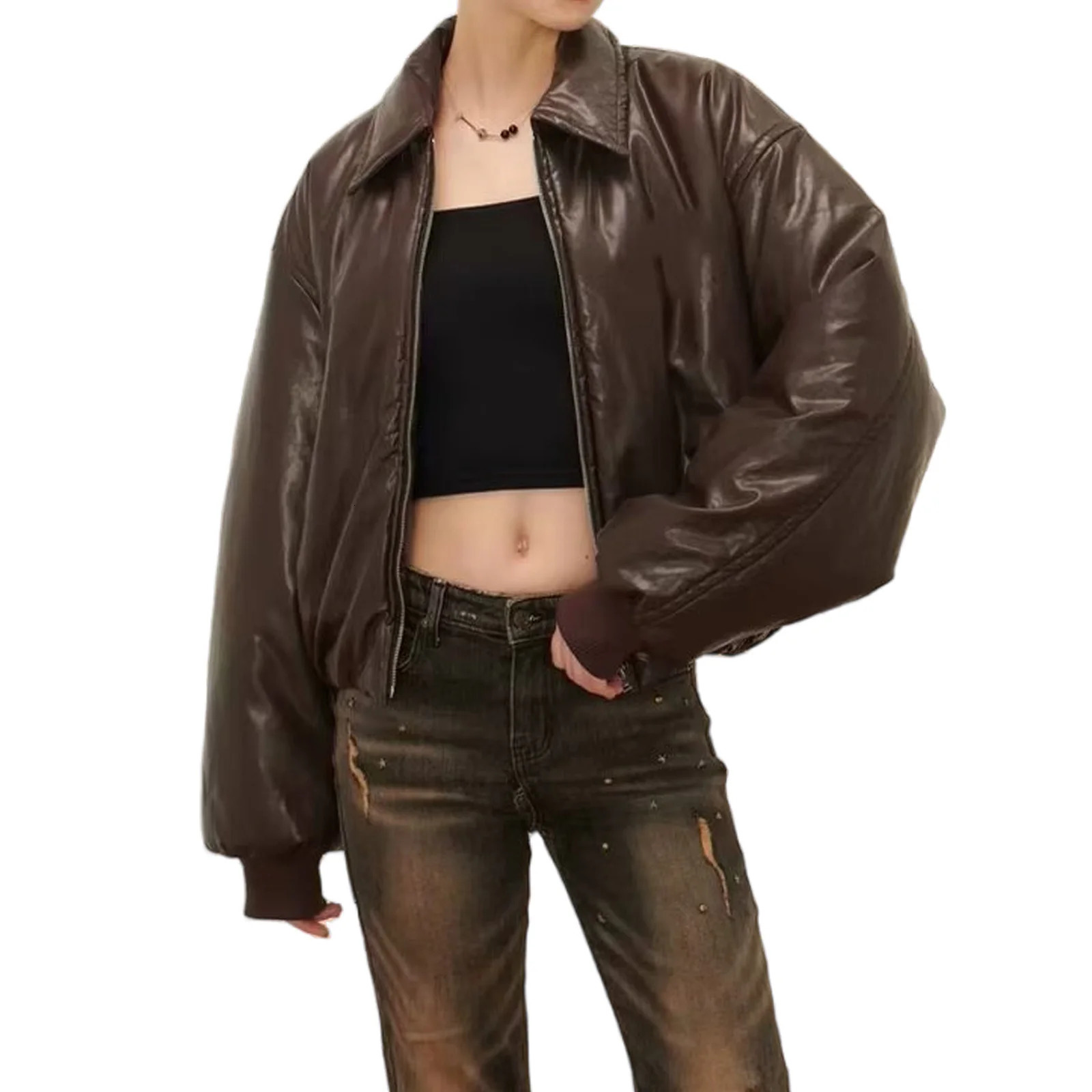 PU Leather Short Flight Jacket for Women Cotton Clothing Minimalist Retro Coffee Color Zipper Long Sleeve Casual 241121