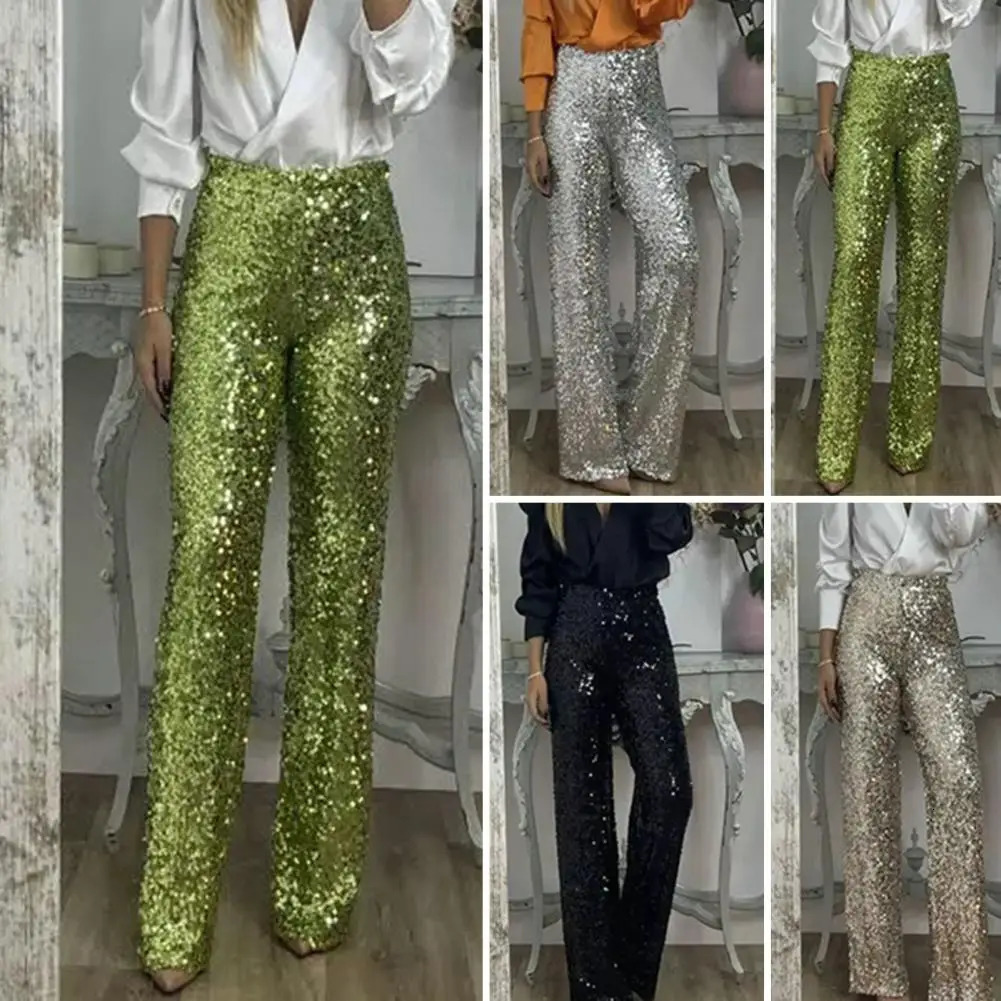 Womens pants sequins high waisted glitter micro light slim loose with elastic waistband style 241212