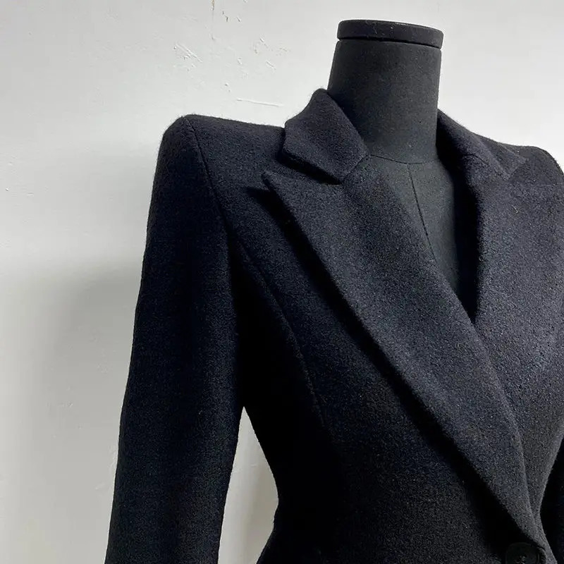 French Style Waist Slimming Woolen Suit Korean Fashion Slim Fit Black Mid Length Woolen Suit Coat Women Clothing 241214