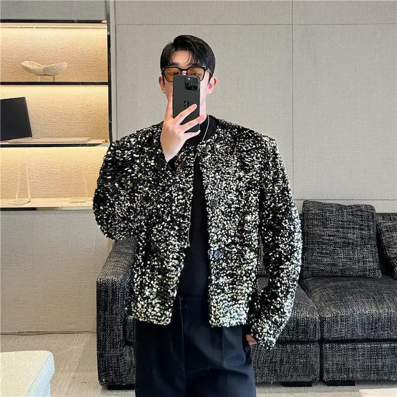 Fall Korean Style fashion short jacket sequin stage display collarless mens special edition 241209