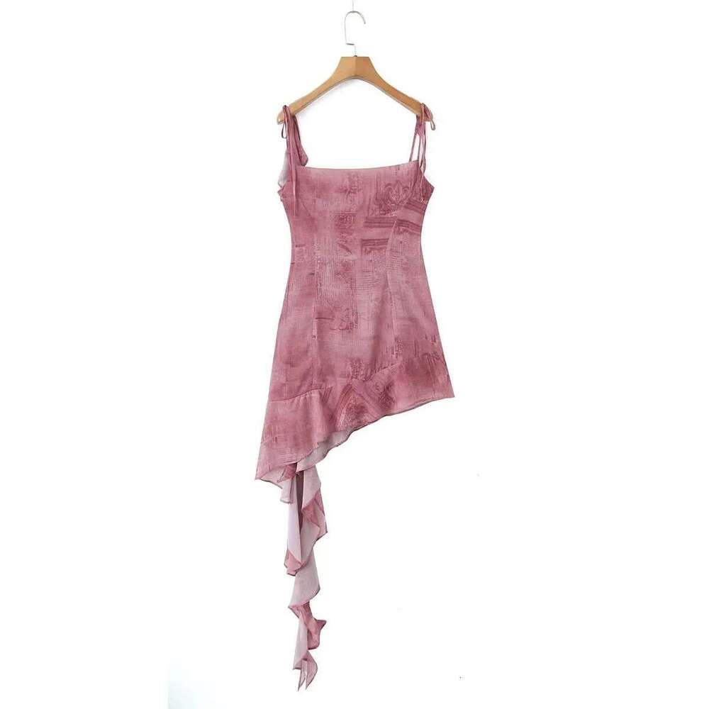 American vacation style irregular ruffle edge ribbon camisole women's lace up dress one-step short skirt 2024 temperament versatile new trend clo