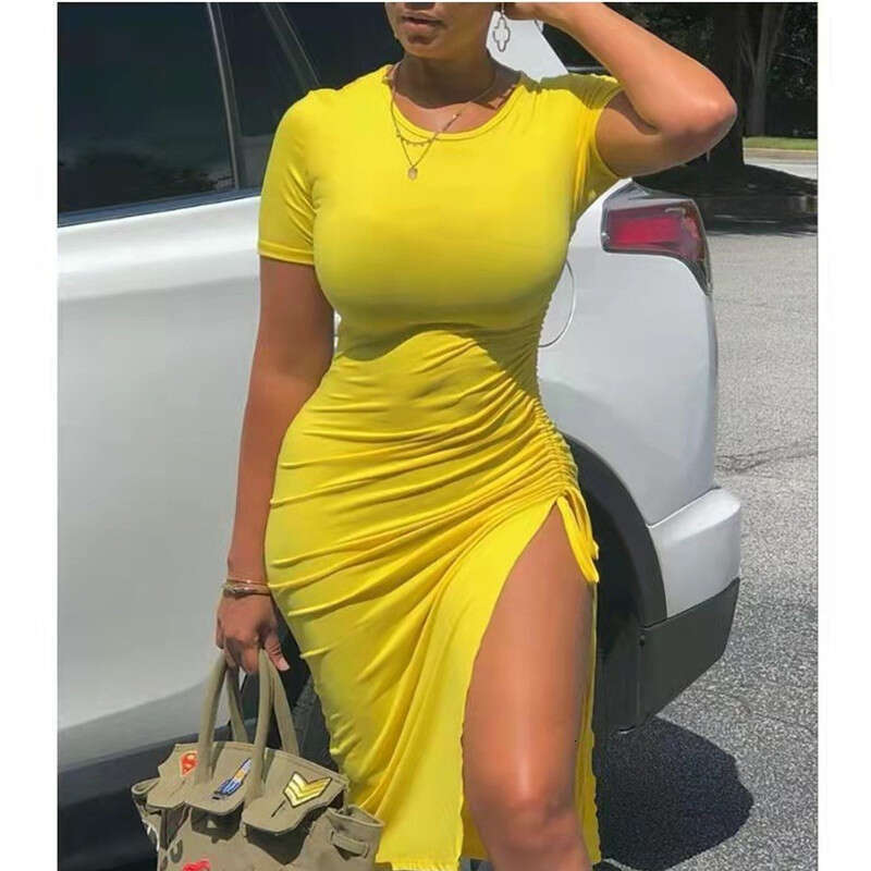 European and American women's printed net color short sleeved drawstring dress 2024 new casual fashion trend clothing