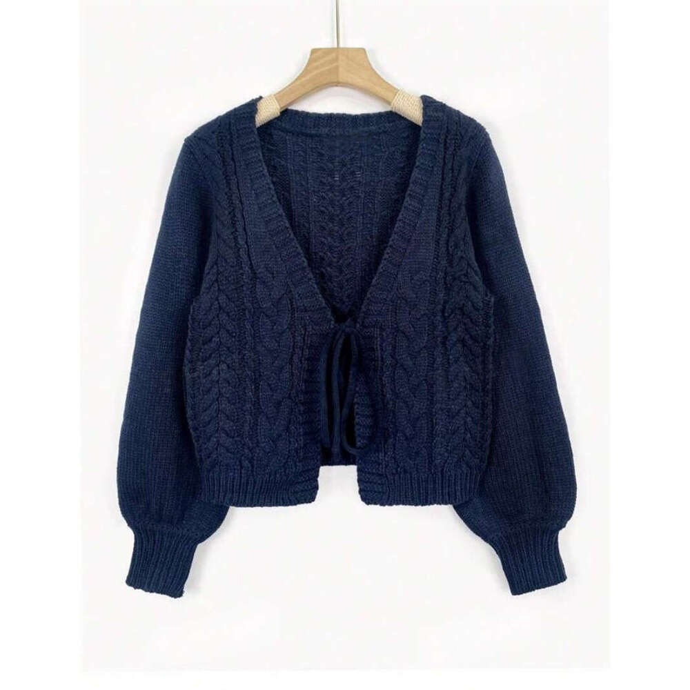 Europe And America V-Neck New Style Lace Knit Cardigan Solid Color Retro Fried Dough Twists Clothes Autumn Women's Long Sleeved Coat