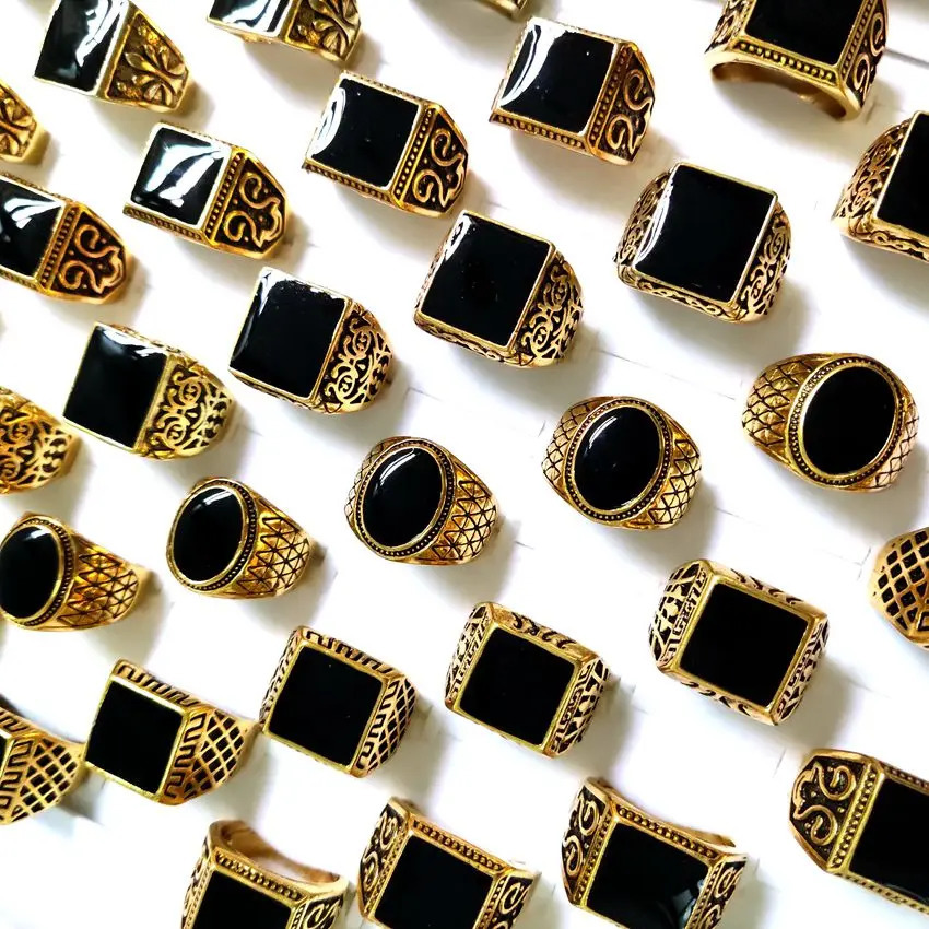 Wholesale 30pcs/lot Mens Black Enamel Gold plated Ring Square Rectangle Oval Shapes Mix lot Vintage Jewelry 241216