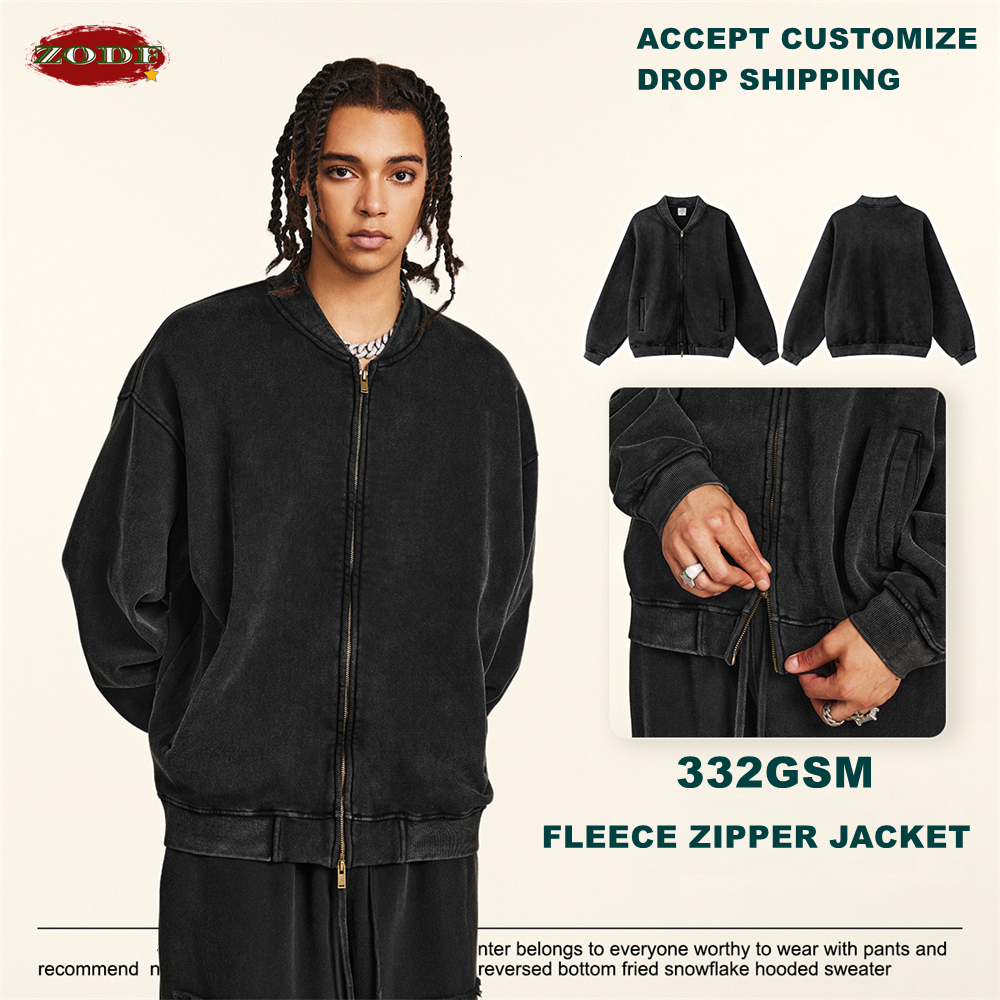 Retro Winter Washed Black Fleece Jackets For Men Unisex Oversized 332Gsm Zipper Coats Hoodie Outwears