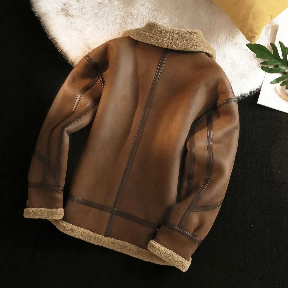 Mens Autumn Winter Thickening Fleece Leather Jacket Plus Velvet Warm Fashion Black Khaki Male Casual Work PU Jacket Cotton Coat W241216