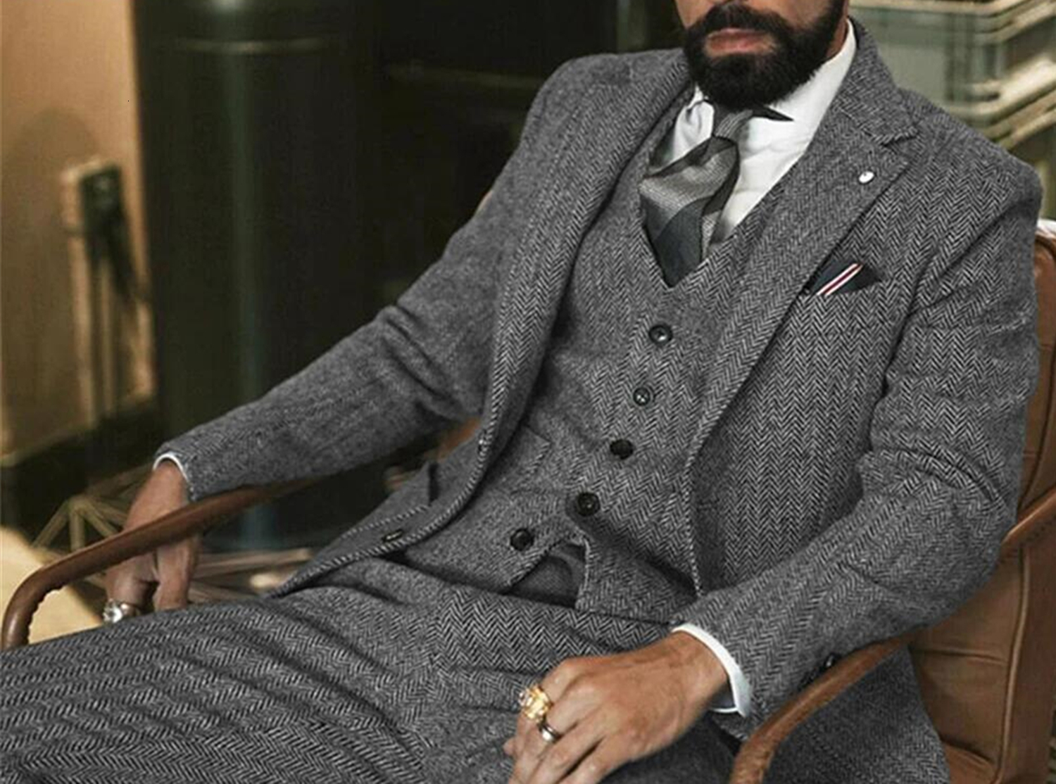 Gray Wool Tweed Winter Suit For Men Herringbone Slim Fit Formal Groom Tuxedo 3 Piece Wedding Male Suits