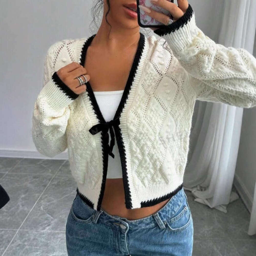 Autumn Women's Fashion Casual Bow White Cardigan Jacket Trend