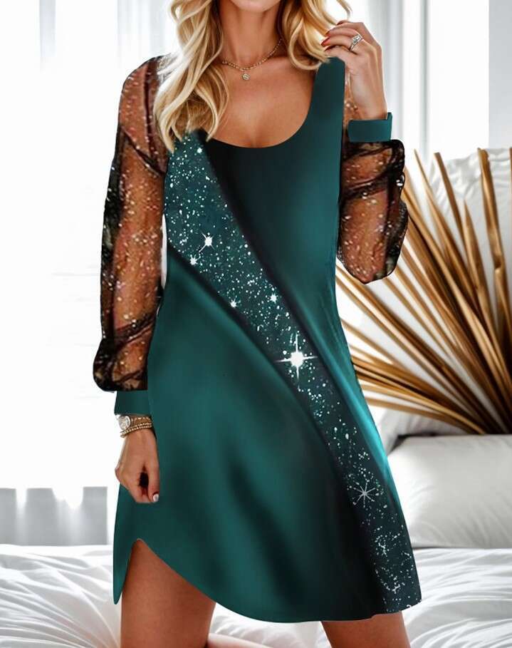 Spring Autumn tewu sequin see through mesh women's dress 2024 new style chic and elegant clothing