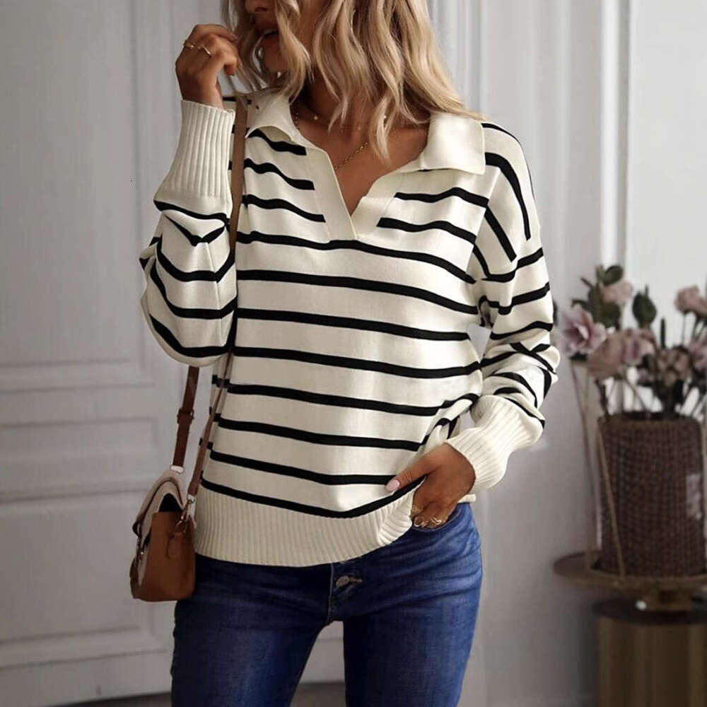 Foreign Trade Autumn Clothing European And American Polo Collar Striped Pullover Women's Knitted Sweater Fashionable Quality Classic