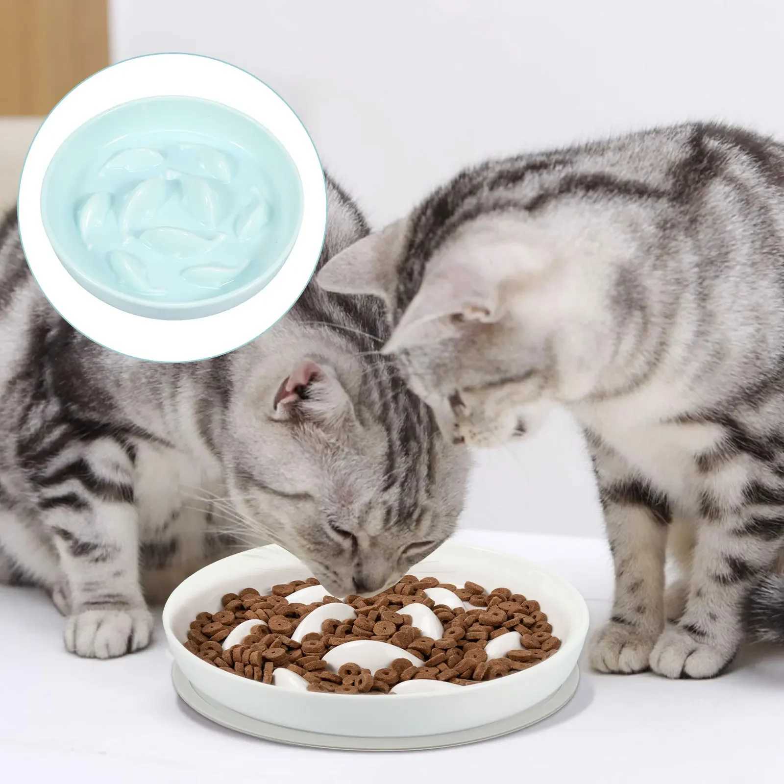 Cat Feeders Cat Slow Feeder Bowl with Non Slip Mat Raised Edge Slow Eating Cat Bowls Anti Vomiting Ceramic Slow Bowl Slow Feeder Dish z241213