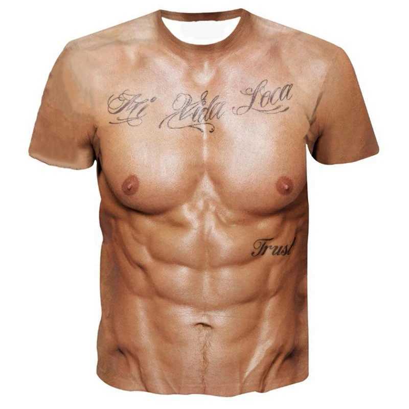 Y2K summer short sleeved fun fake muscle 3D printed mens and womens T-shirts oversized fun childrens clothing tops W250117