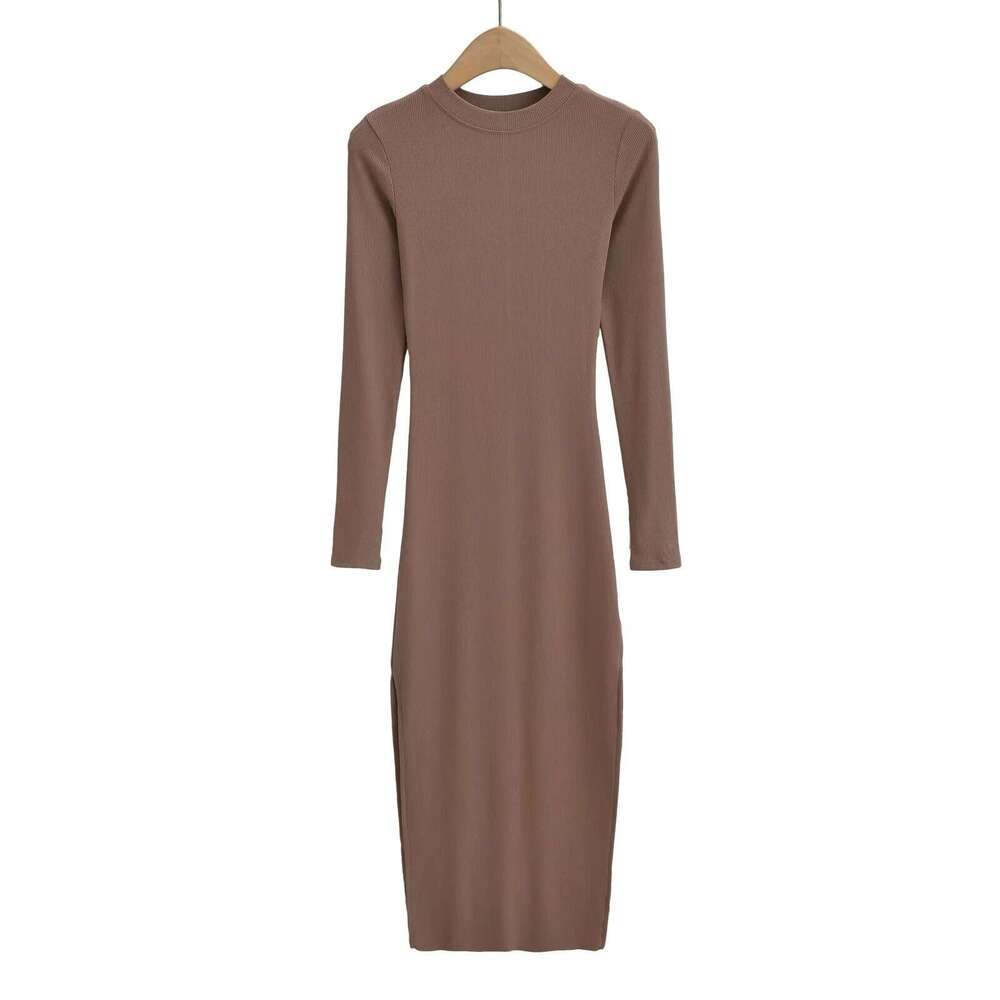 spicy girl small round neck elastic slim fit two side slit hip h skirt women's long sleeved tight bottom dress autumn 2024 new casual versatile f