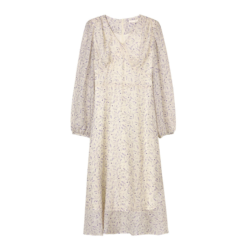 K223 All-match sweet floral dress for women, new spring style, elegant V-neck, long sleeves, slimming long dress