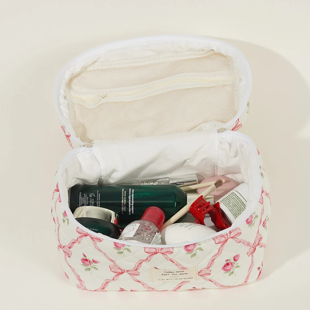 3Pcs Makeup Bag Set Portable Cosmetic Pouch Large Capacity Quilted Coquette Toiletry Bag Aesthetic Cotton for Travel Vacation 241212