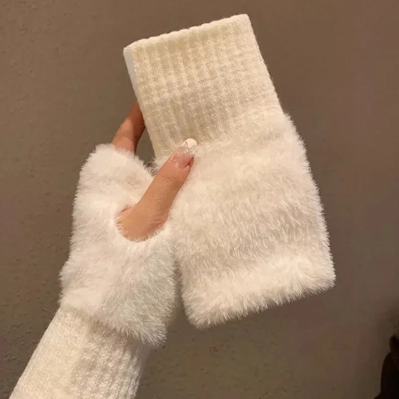 Mink wool soft winter half finger gloves for women warm and ious pure white plush knitted fingerless 241212