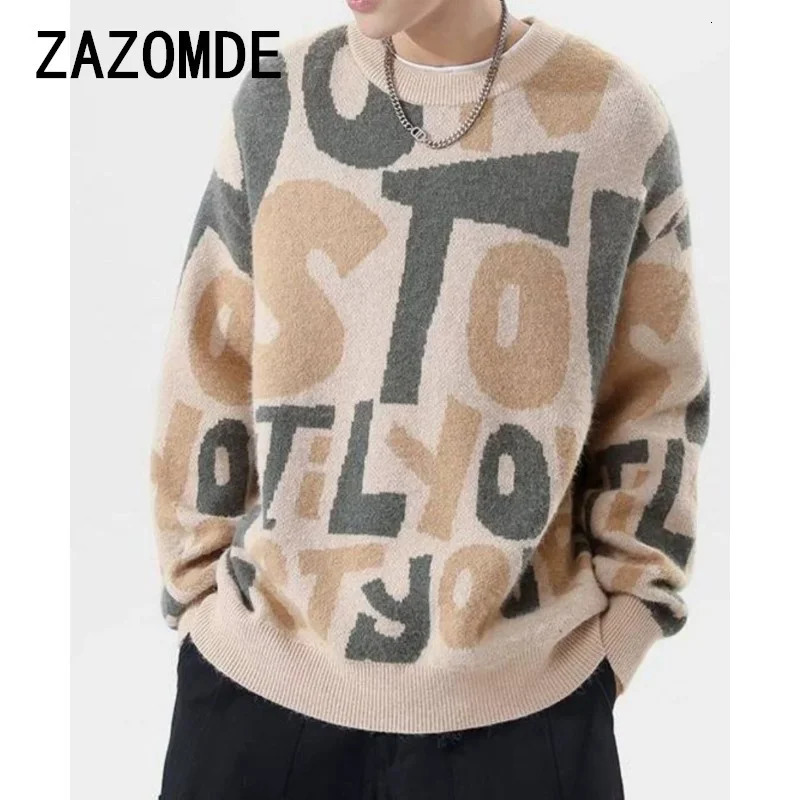 Vintage Letter Knit Sweater Men - Autumn Korean Casual O-Neck Top, Large Size, Sweetwear For Couples, Fashion