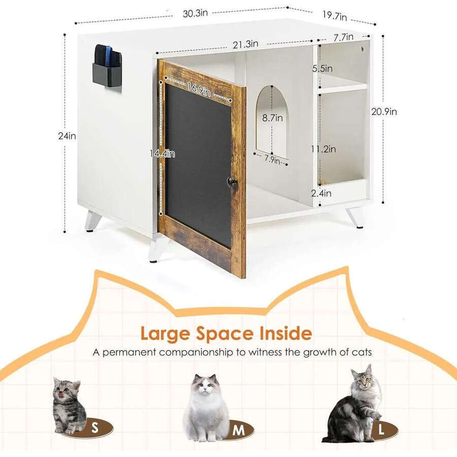 Modern Hidden Cat Litter Box Enclosure Furniture With Scratching Pad, White + Vintage Color Door Frame