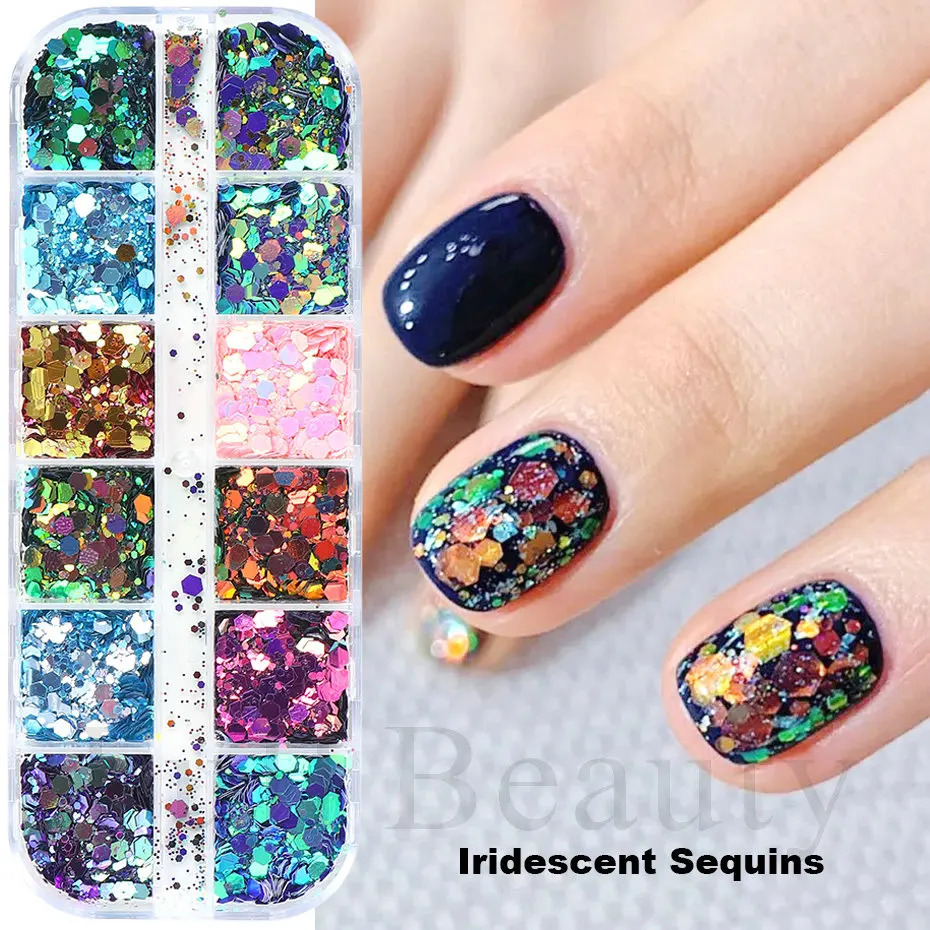 Mirror Iridescent Nail Art Sequins Holographic Mixed Hexagon y Glitter Powder Flakes Sparkly Spangles Manicure LAGB 241213