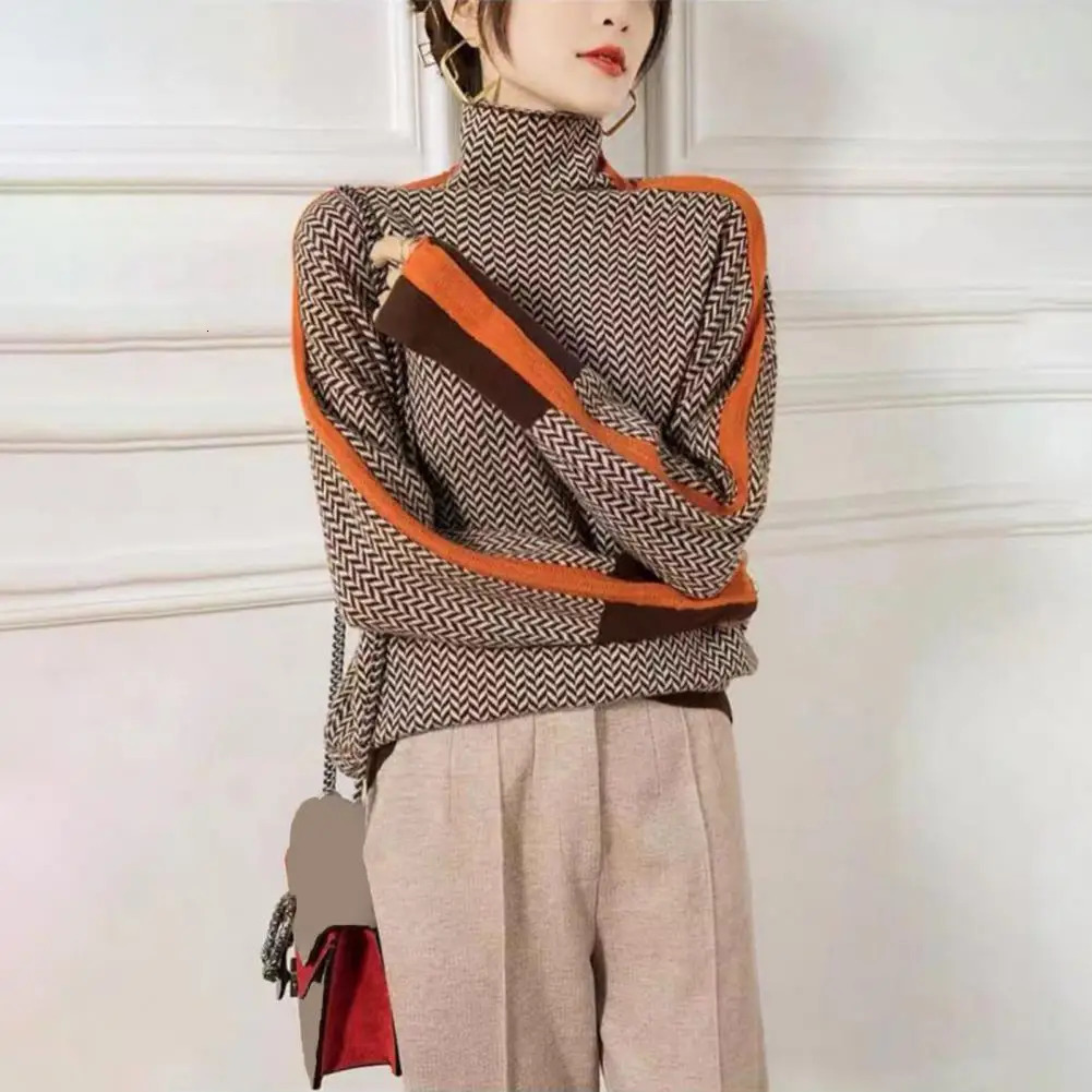 Womens autumn and winter contrasting color sweater high neck long sleeved patchwork n knitted top thick warm pull up 241211