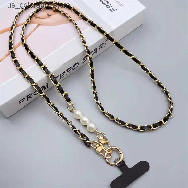 Cell Phone Cases Phone Lanyard Womens Long Leather Woven Metal Chain With Pearl Phone Case Universal Phone Lanyard Diagonal Cross Bag Decoration L2409