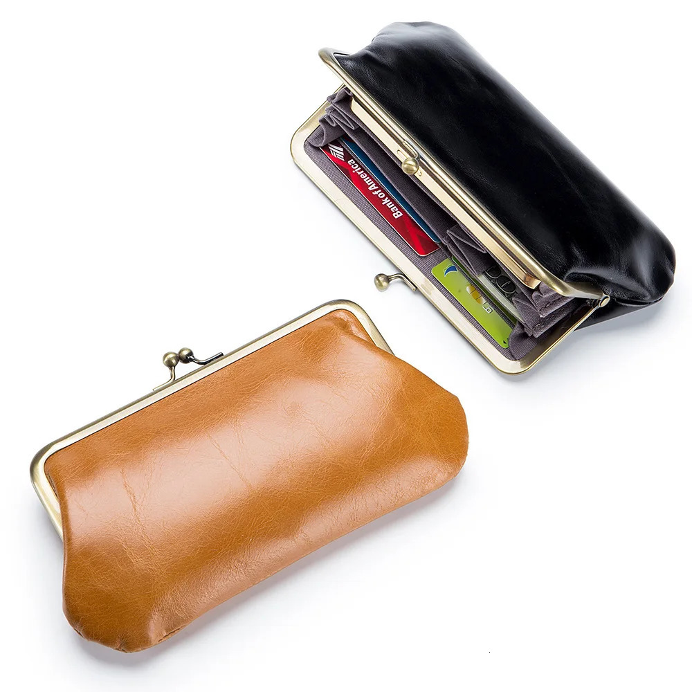 Kisslock womens wallet genuine leather womens wallet long clutch bag Laides long clip cow leather mobile phone wallet 241212