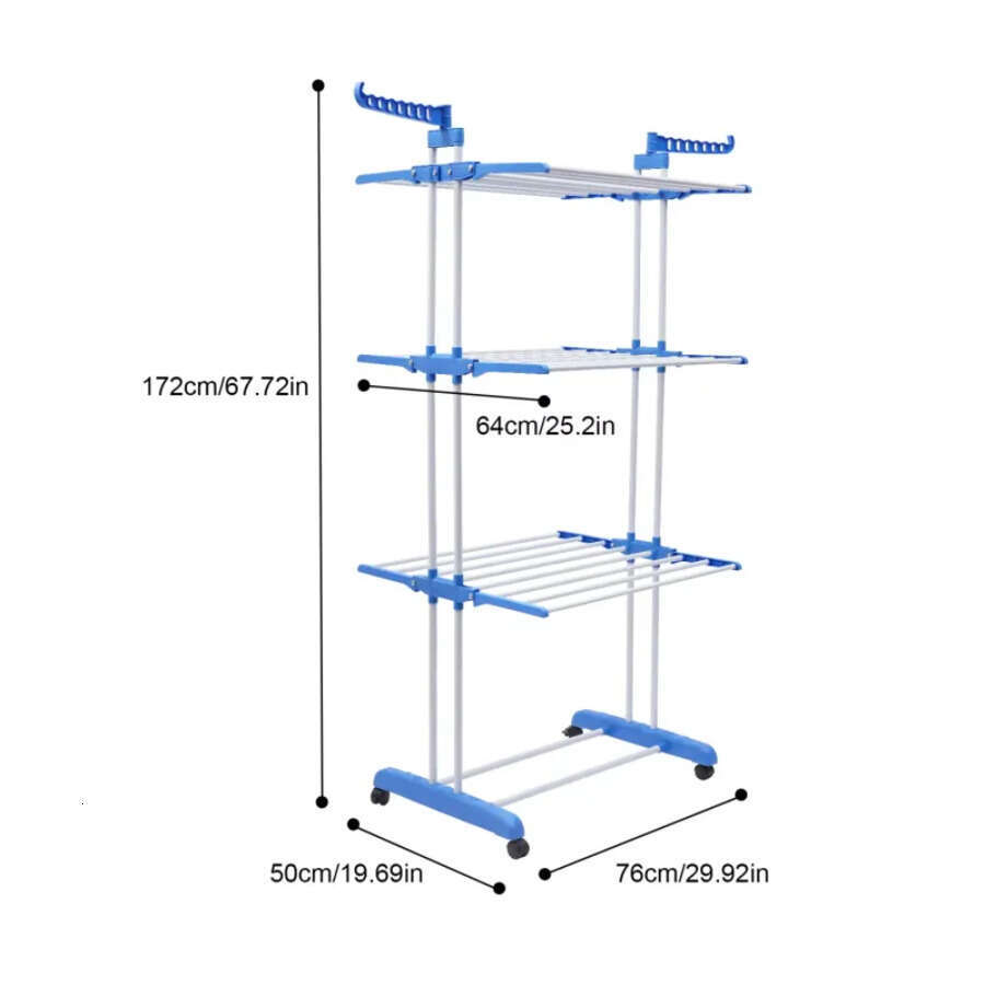 Drying Folding Rail 4-Tier Clothes Horses Rack Stainless Steel Laundry Garment Dryer Stand W 2 Side Wings