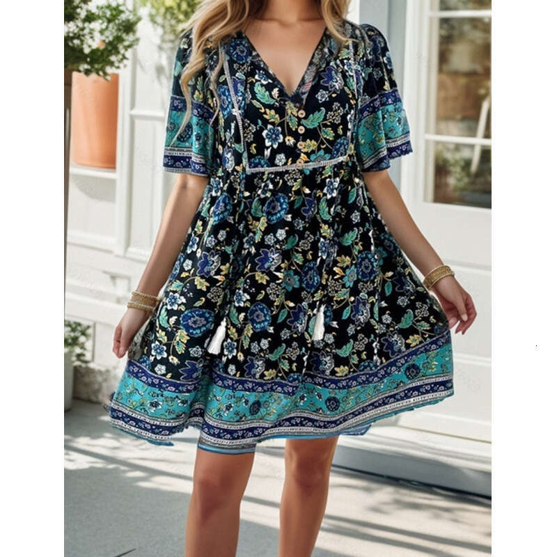 European and American women's Shein spring/summer leisure vacation printed short sleeved dress 2024 temperament versatile new trend clothing ins