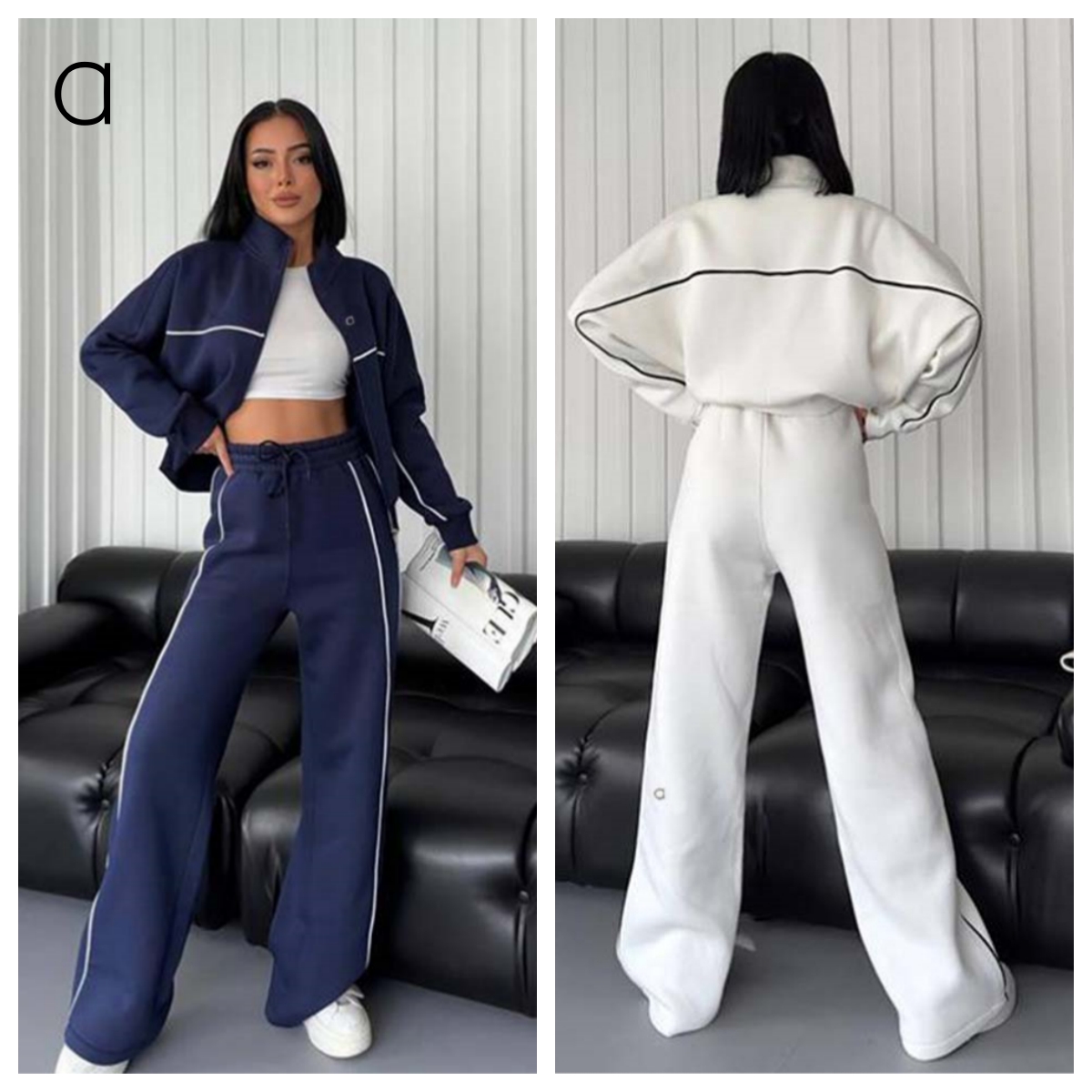 Women's 3D Sier Long Sleeve Semi-high Neck Jackets Sweater Sports Striped Pants Leisure Suit 12a