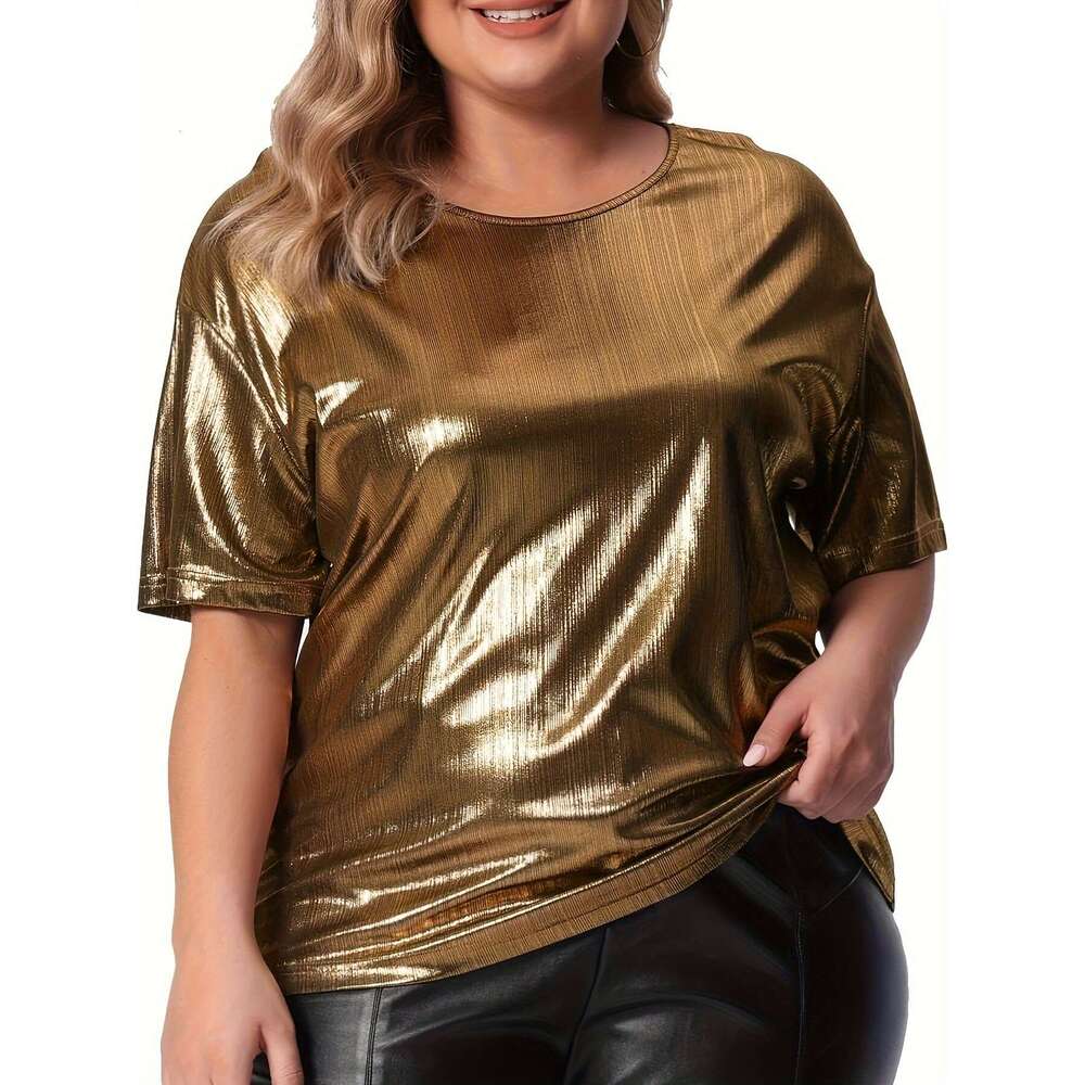 European and American summer loose fit plus round neck solid color gold powder short sleeved T-shirt 2024 temperament versatile new trend clothing ins